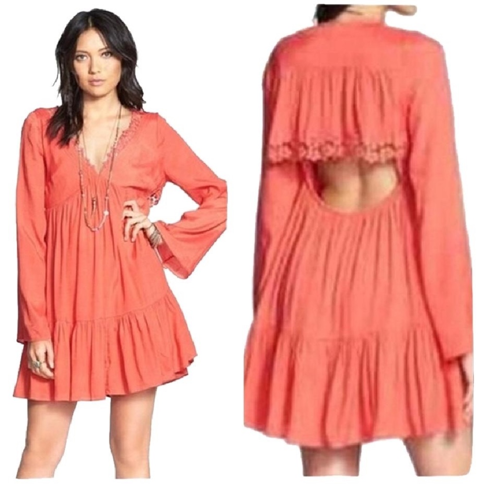 Free People Coral Long Sleeve Boho Mini Dress